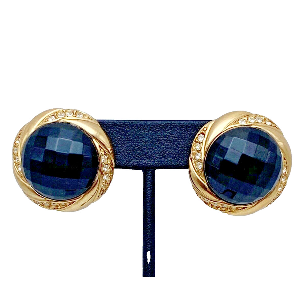 Designer Black Faceted Glass Gold Tone Earrings High Quality Vintage Inspired 1"